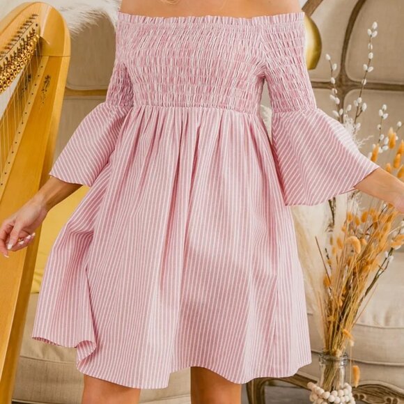 BiBi Smocked Off Shoulder Striped Dress - Picture 1 of 7